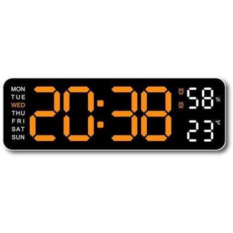Reloj digital de 23 cm con indicador de temperatura, humedad y día de la semana – Alarma LED verde, brillo automático.