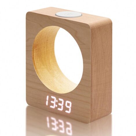 Reloj Digital de Madera con Luz, 3 Alarmas para Cama, Alimentación Eléctrica, 4 Niveles de Brillo, LED, Temperatura y Calendario