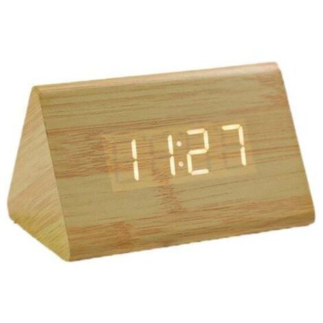 Reloj digital de madera con luz LED blanca y forma triangular, con temperatura y hora, color bambú