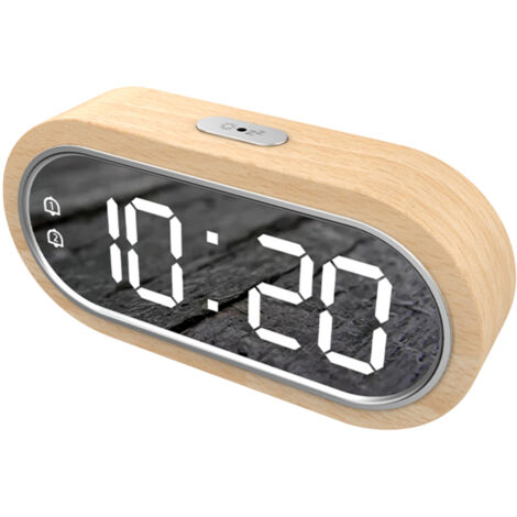 Reloj digital de madera de haya con doble alarma, función de repetición, puerto USB, termómetro de mesa, iluminación LED electrónica y 4 niveles de brillo, ideal para el salón o la oficina.
