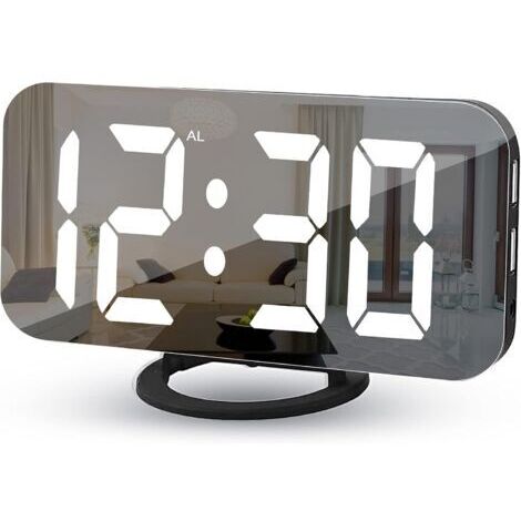 Reloj Digital de Mesa, 7", con Espejo LED, 2 Puertos USB, Modo Siesta y Ajuste Automático de Brillo para Casa o Oficina