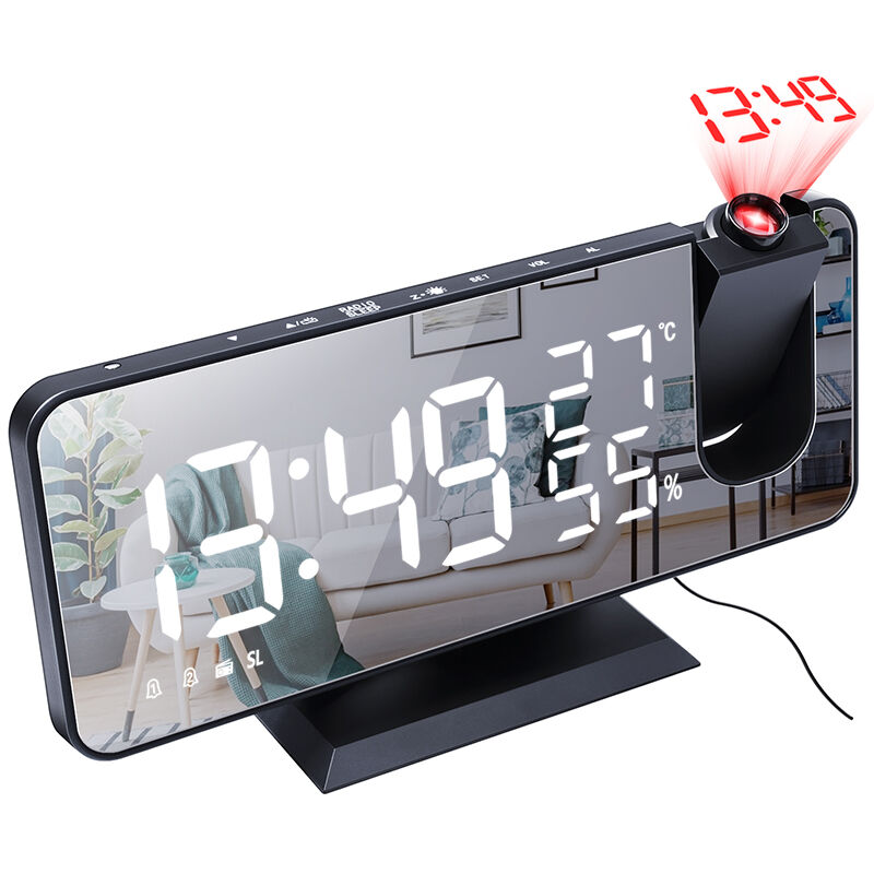 

Reloj Digital de Mesa, LED Reloj Electrónico USB Wake up Radio FM, Proyector de Tiempo, Negro