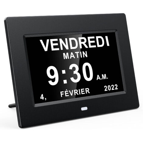 Reloj digital LCD de 7 pulgadas, color negro, con calendario, fecha, día y hora, formato de reloj completo, atenuación automática, 8 idiomas, pantalla HD y recordatorio para personas con Alzheimer, ad
