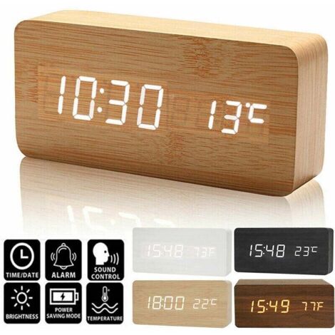 Reloj digital LED de madera con alarma, hora, temperatura, calendario y puerto USB - Color madera de bambú