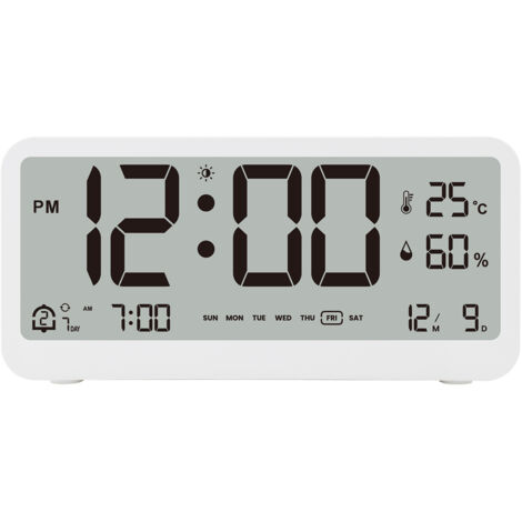 Reloj digital multifunción 8001-EN, brillo LED ajustable, indicador de temperatura y humedad, doble alarma y función de repetición, visualización de día/fecha/mes en formato 12/24 h.