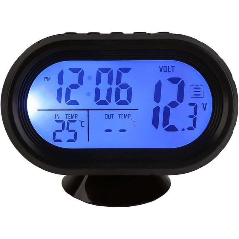 Reloj digital multifunción, voltímetro y termómetro, alarma, 3 en 1, 2 pantallas LCD a color, encendedor de cigarrillos, comprobador de batería, azul