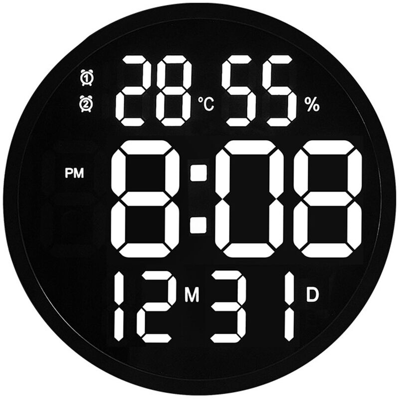 

Reloj electronico silencioso redondo de 12 pulgadas, fuente grande, pantalla digital, temperatura, humedad, fecha, calendario, reloj de pared simple,