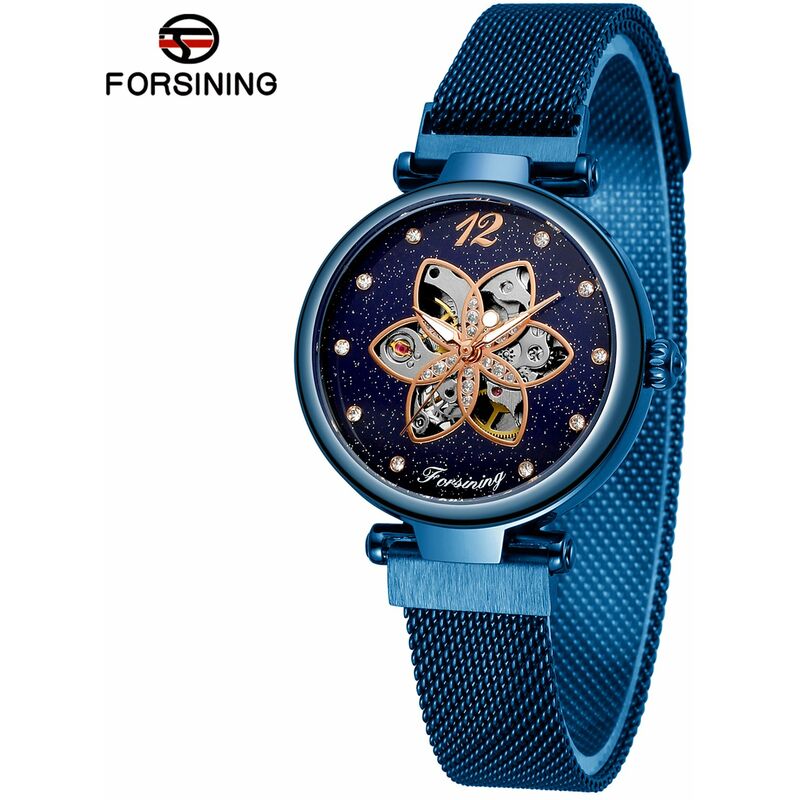 

Reloj para mujer, relojes mecanicos automaticos con correa de acero inoxidable, reloj de pulsera clasico de moda, pantalla luminosa,Azul - Forsining