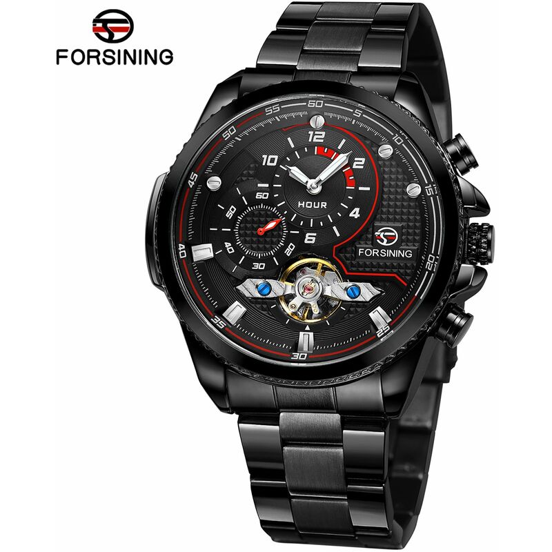 

Reloj mecanico automatico Forsining para hombre, reloj de pulsera de moda con banda de acero, relojes de 3ATM con diseno hueco,Negro
