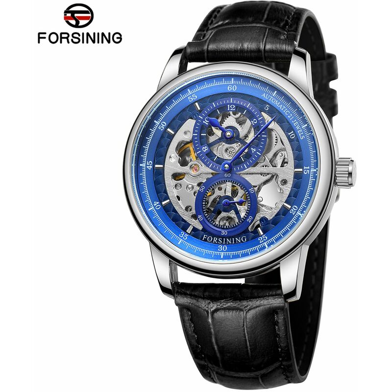 

Reloj mecanico automatico para hombres huecos con correa de cuero Reloj de pulsera de moda 3ATM,Azul y plata