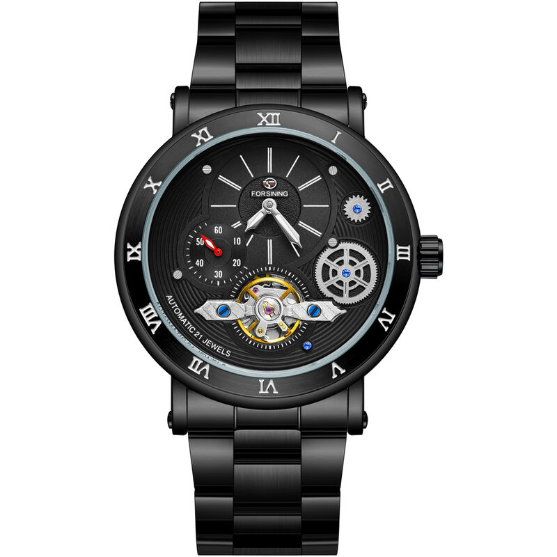 

Reloj mecanico para hombre Reloj de pulsera multifuncion de moda con banda de acero Relojes 3ATM,Negro