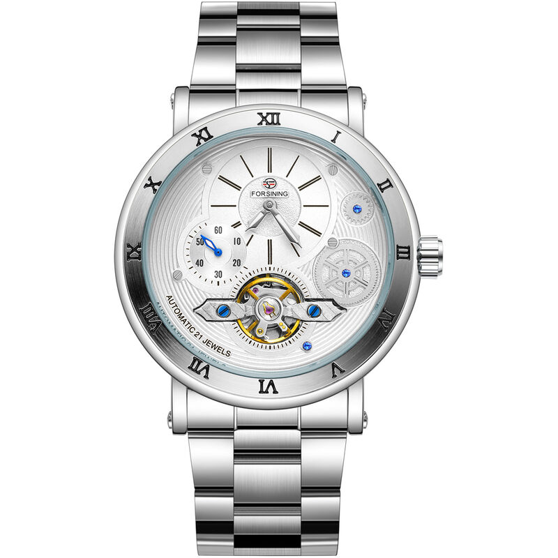 

Reloj mecanico para hombre Reloj de pulsera multifuncion de moda con banda de acero Relojes 3ATM,blanco