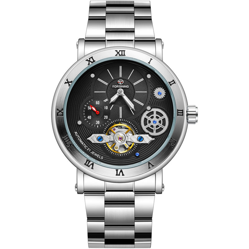 

Reloj mecanico para hombre Reloj de pulsera multifuncion de moda con banda de acero Relojes 3ATM,Negro y plata