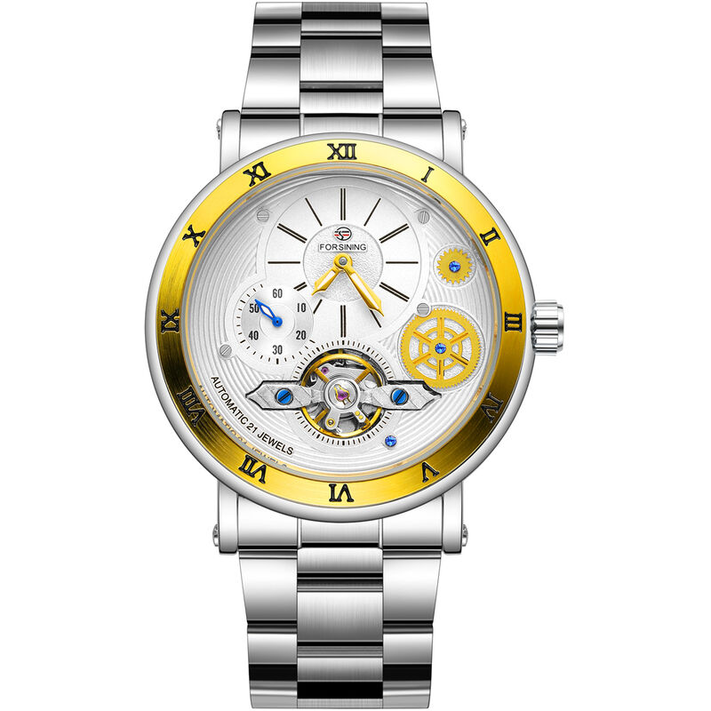 

Reloj mecanico para hombre Reloj de pulsera multifuncion de moda con banda de acero Relojes 3ATM,Oro blanco