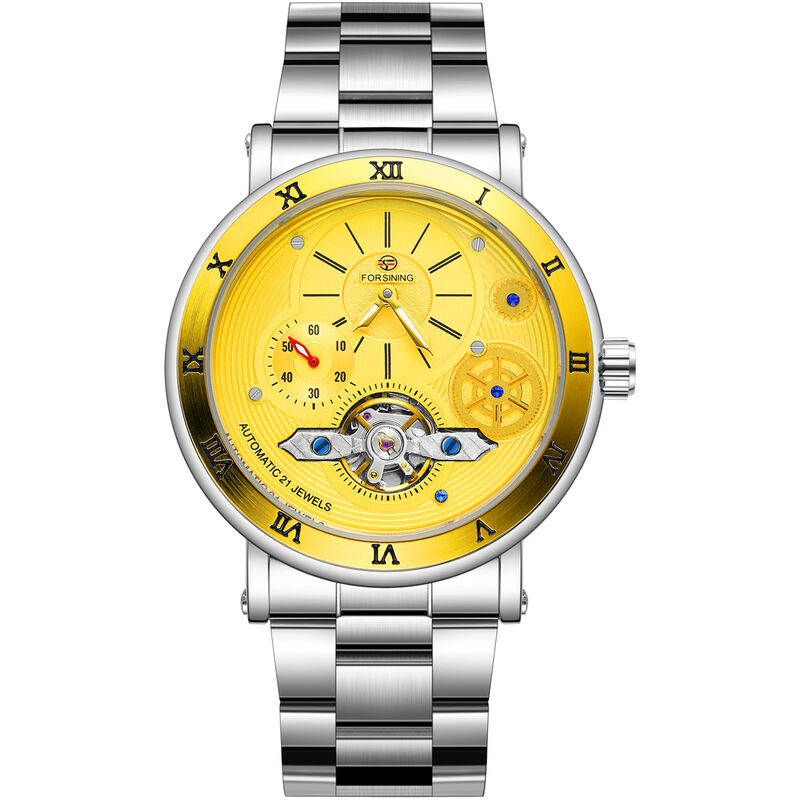 

Reloj mecanico para hombre Reloj de pulsera multifuncion de moda con banda de acero Relojes 3ATM,Oro