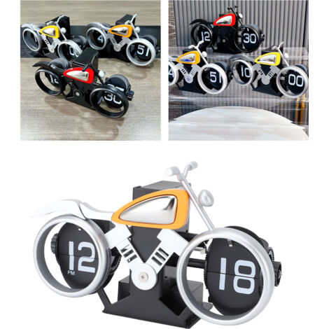 Reloj mecánico plegable con diseño de motocicleta, PVC, funciona con pilas – reloj de mesa para dormitorio, oficina, sala de estar, plata-naranja – 18,8 cm