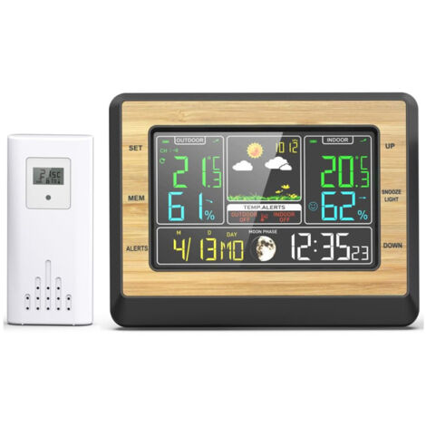 Reloj meteorológico a color con indicador de fases lunares, termómetro, higrómetro, alarma, barómetro e indicador de temperatura y humedad.