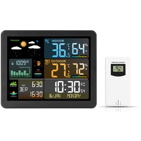 Reloj meteorológico con pantalla a color, reloj electrónico, termómetro e higrómetro para interiores y exteriores, reloj despertador con pronóstico meteorológico inalámbrico RF.