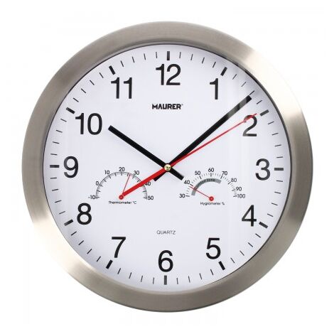 Reloj de pared Ø 30 cm. con higrometro y termometro. frontal en acero