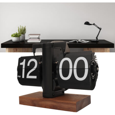 Reloj plegable automático de estilo retro con pantalla digital, mecánico, negro, marco de madera de nogal, PVC, 14 cm x 20,5 cm, para decoración del hogar o la oficina.