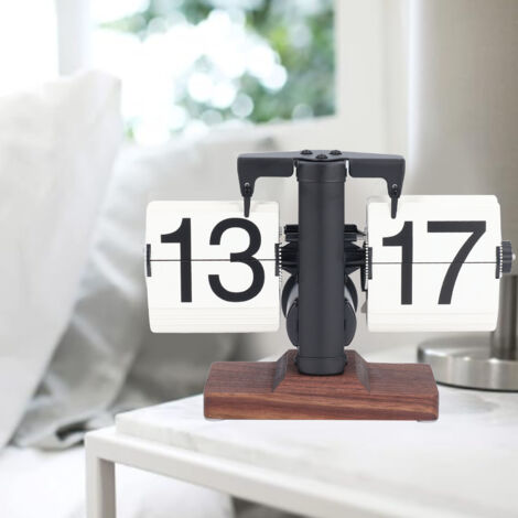 Reloj plegable minimalista de estilo retro con esfera negra y laterales blancos – caja de madera de nogal negro y esfera blanca – movimiento automático de 24 horas – tamaño ideal para mesa de centro (