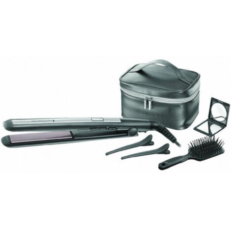 Remington PRO-Ceramic Titanium Hair Straightener Gift Set with Cosmetic Bag, Paddle Brush, Makeup Mirror, Hair Clips - Gray