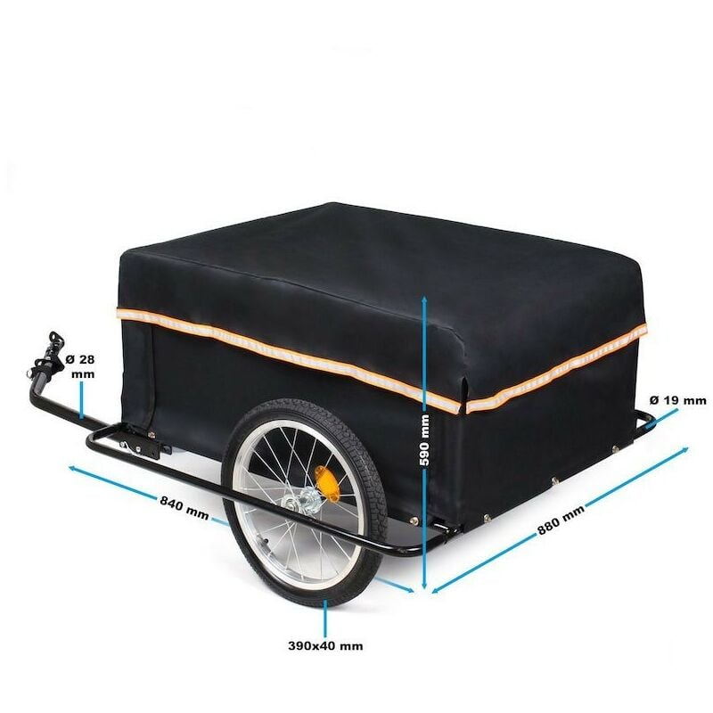 Remorque de vélo 65kg avec cadre protecteur et barre de traction rabattable.