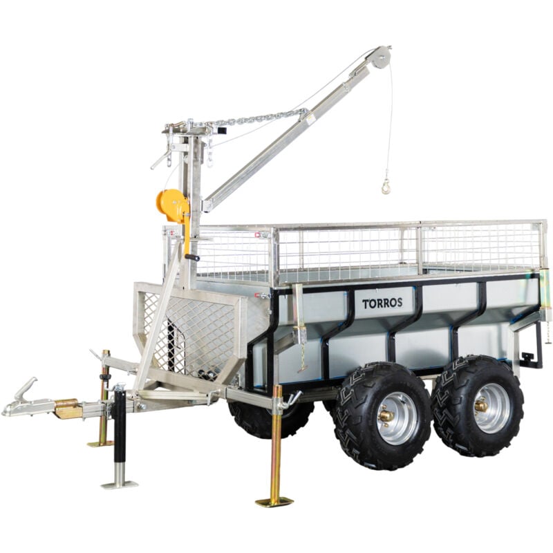 Torros - Remorque double essieux 4 roues 1400kg benne galvanisée basculante + grue 2000x1070x580 mm AHR1400GK