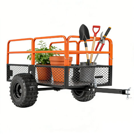Remorque jardin acier 790L grande capacité, benne basculante tractable ATV UTV tondeuse, transport bois déchets verts jardin, usage extérieur robuste