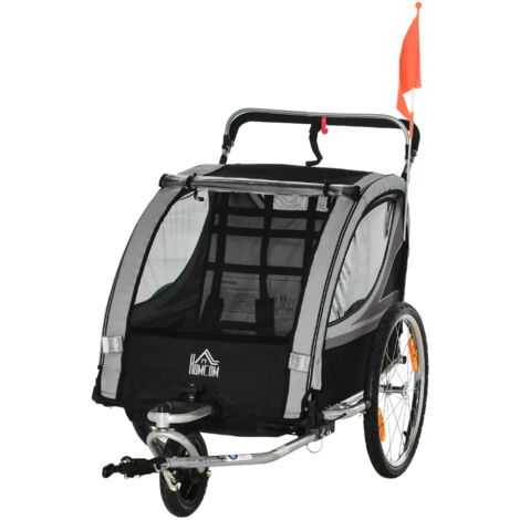 Remorque vélo enfant, poussette pliable avec freins, pour 2 enfants, gris et noir