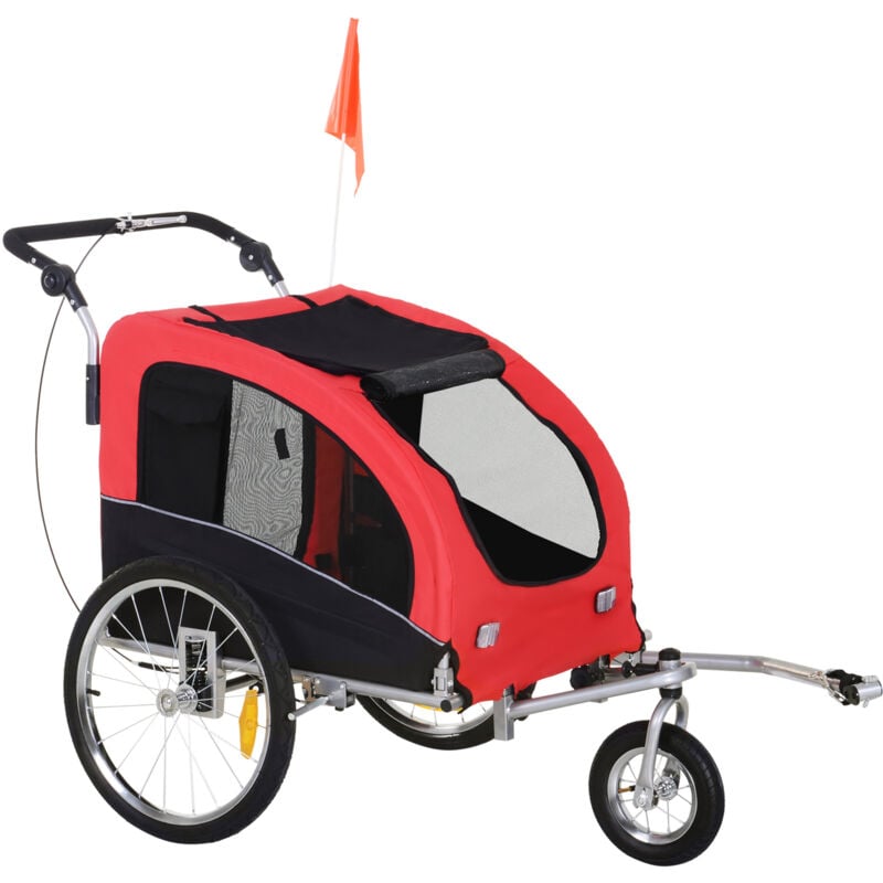 Remorque vélo jogger 2 en 1 pour animaux drapeau roue avant pivotante réflecteurs et barre d'attelage inclus rouge noir