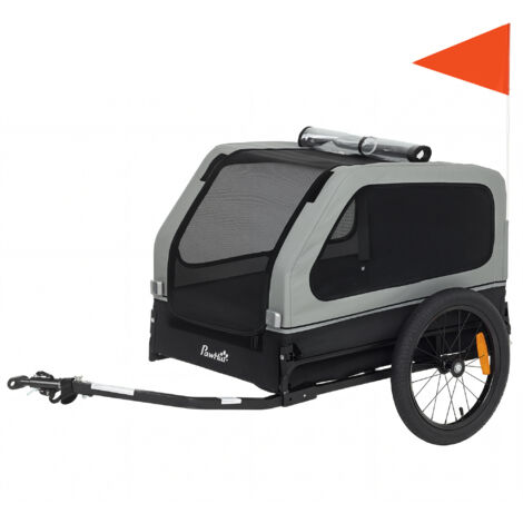 Remorque vélo pliable pour chien moyen jusqu'à 20kg, rampe rabattable, réflecteurs, laisse et drapeau inclus, gris