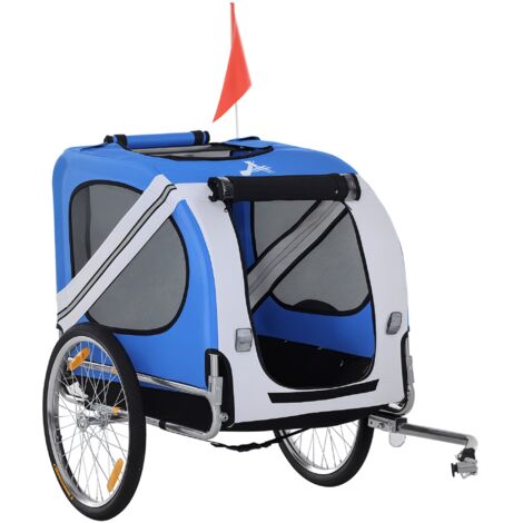 Remorque vélo pour chien, animaux, 8 réflecteurs, drapeau, barre d'attelage inclus, 130 x 73 x 90 cm, blanc et bleu.