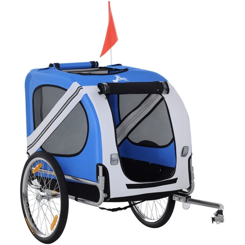 Remorque vélo pour chien animaux pliable 8 réflecteurs drapeau barre attelage inclus acier polyester imperméable max. 30 Kg 130L x 73l x 90H cm bleu