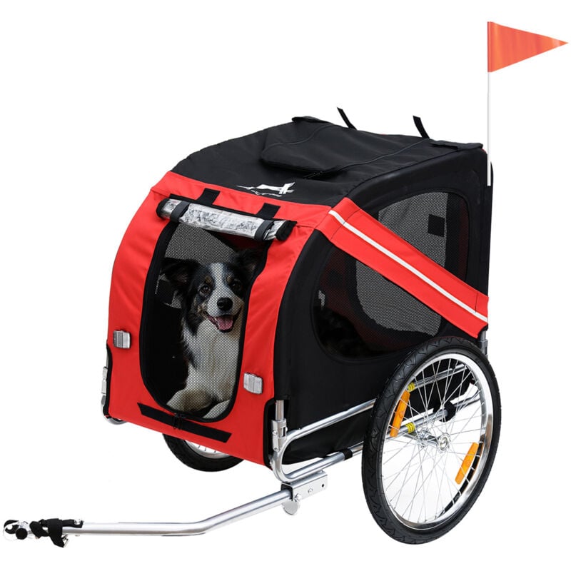 Remorque vélo pour chien animaux pliable 8 réflecteurs drapeau barre attelage inclus acier polyester imperméable max. 30 Kg 130L x 73l x 90H cm rouge