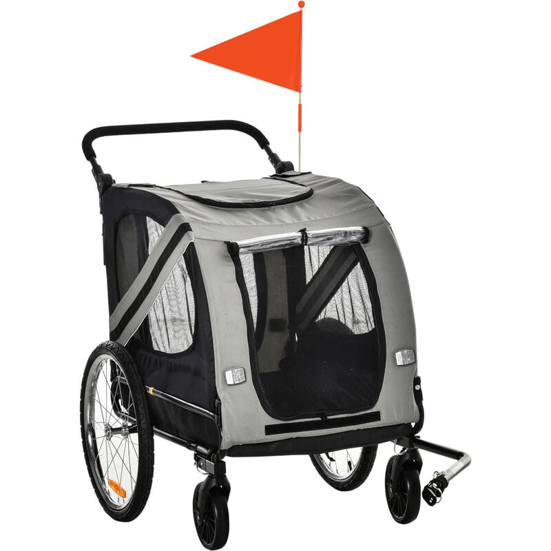 Pawhut - Remorque vélo jogger 2 en 1 pour animaux drapeau roue avant pivotante réflecteurs gris noir