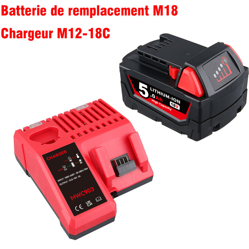 Pdstation - Remplacement pour batterie et chargeur Milwaukee M18 Combo 5,0 Ah, compatible avec les outils électriques sans fil Milwaukee M18 Batterie