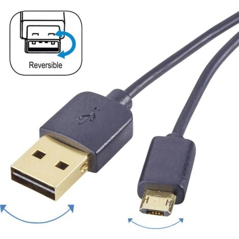Renkforce Câble USB USB 2.0 USB-A mâle, USB-Micro-B mâle 1.00 m noir connecteur utilisable des deux cotés, contacts dor