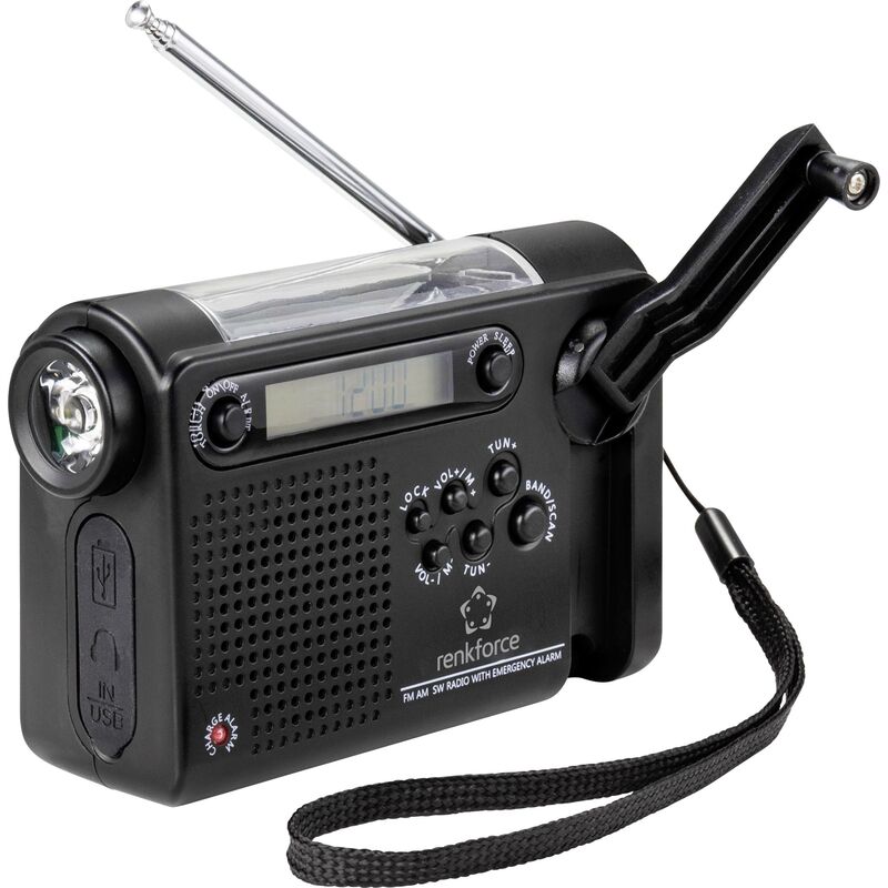 Renkforce - Radio portative RF-CR-200 fm, am, ondes courtes (oc) radio d'urgence rechargeable, panneau solaire, manivelle, fonction réveil, lampe de