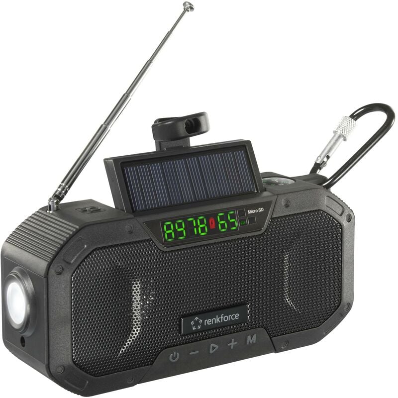 Renkforce - Radio d'extérieur RF-CR-300 fm, am radio d'urgence, Bluetooth, sd rechargeable, panneau solaire, manivelle, lampe de poche noir X967182