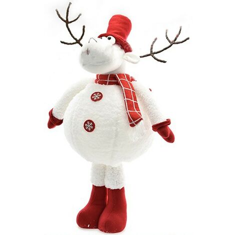 Renna bianca con corna cappello sciarpa rossa cm 72 per sotto albero di natale decorazione vetrina addobbi casa