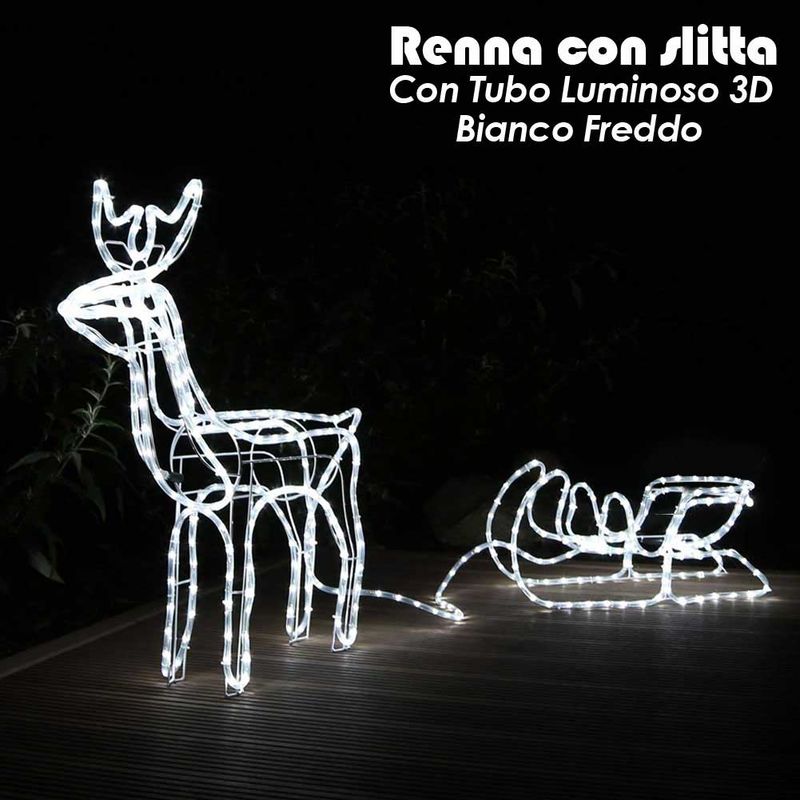 Image of Renna Luminosa con Slitta Esterno Tubo Giardino Natale Luce Decorazione Bianco