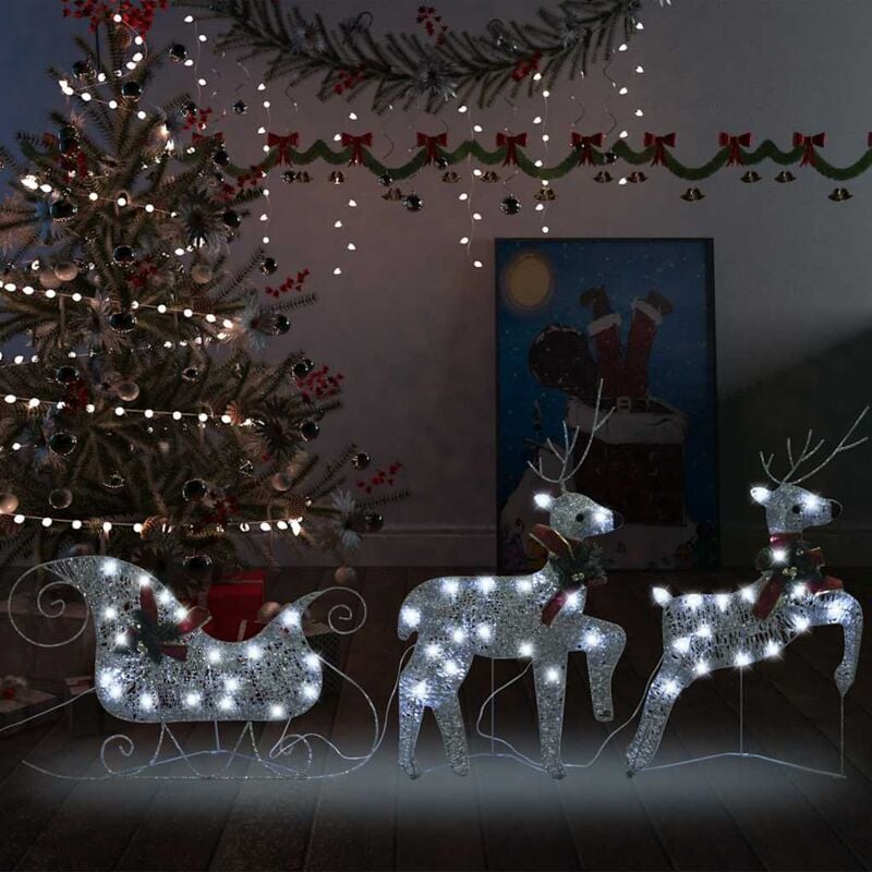 Vidaxl - Décoration de Noël Rennes et traîneau 60 led Extérieur Argenté