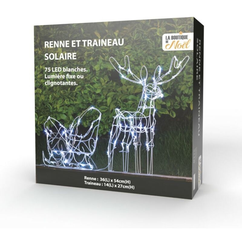 Renne lumineux solaire avec 75 LED – Couleur blanc froid – 2 modes d'éclairage fixe ou clignotant – Décoration extérieure festive – La Boutique De
