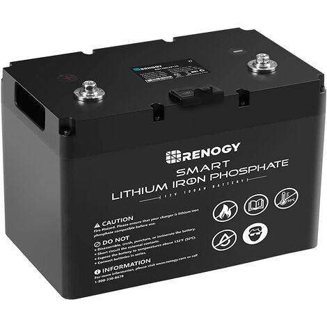 Renogy 12V 100AH Batterie LiFePO4 Rechargeable Intelligente Batterie Lithium Phosphate de Fer avec BMS Système, 4000-7000 Cycles Profonds, pour Camping-Car Scooter Panneaux Solaires