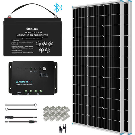 Renogy Solaranlage Basic-Starter Bausatz mit 200W 12V Monokristallin Solarmodul, 12V 30A PWM SolarLaderegler mit LiFePO4 12V 100Ah Lithium Solarbatterie eingebautem Smart Bluetooth BMS
