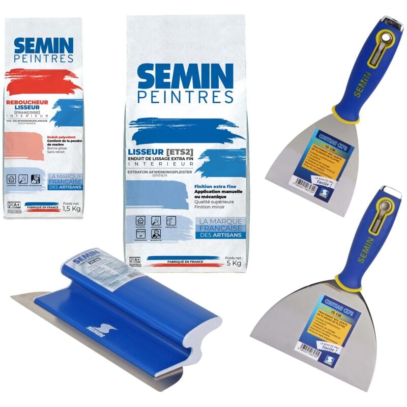 Rénovation mur Pack Reboucheur et Lisseur en poudre Semin permet de réaliser le rebouchage et le lissage d'un mur pour le rendre apte à recevoir de