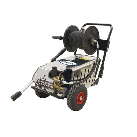 Renson – Nettoyeur haute pression électrique 200 bar – Débit 15 L/min – Moteur triphasé 5,5 kW – Flexible 20 m avec enrouleur