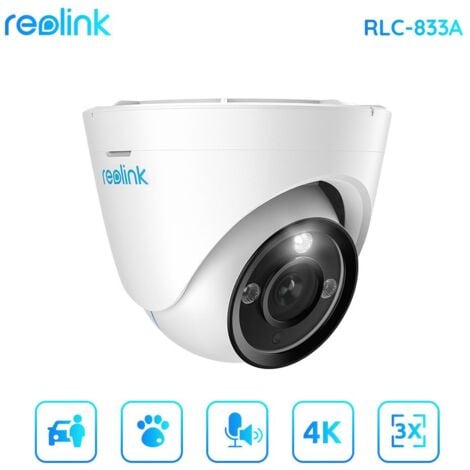 Reolink Caméra de Surveillance 4K 8MP PoE Extérieure, Zoom Optique 3X, Détection Personne/Véhicule, Vision Nocturne Couleur avec Projecteur, Audio Bidirectionnel, RLC-833A