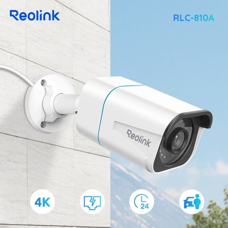 Caméra de Surveillance PoE 4K 8MP Détection Personne et Véhicule, Vision Nocturne 30 mètres, RLC-810A Blanc - Reolink